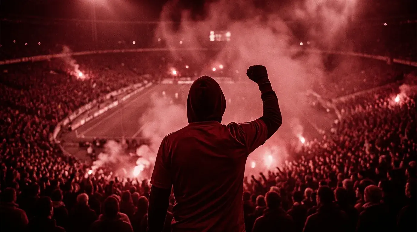 Fan with raised fist in a red-lit stadium crowd
